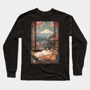 Cat Sleeping Ukiyo-e Mount Fuji Long Sleeve T-Shirt